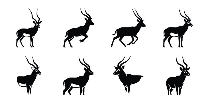 Set of silhouette antelope in various poses isolated on background. Animal Vector elements for design.