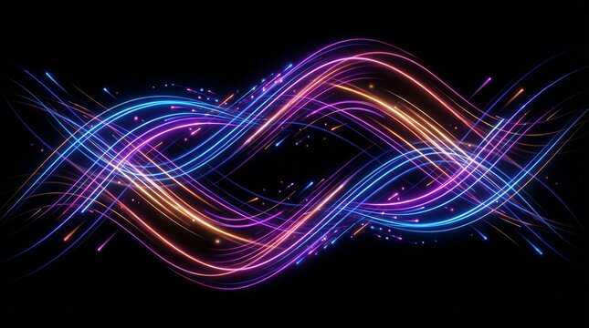 Futuristic abstract glowing neon light streaks crossing on black background with sparkles, vibrant wavy energy trails, digital data flow, technology concept