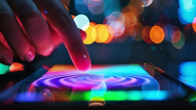 Fingers press down on the illuminated keyboard, embodying the dynamism of the digital age, ideal for the backdrop of presentations on technology and innovation.
