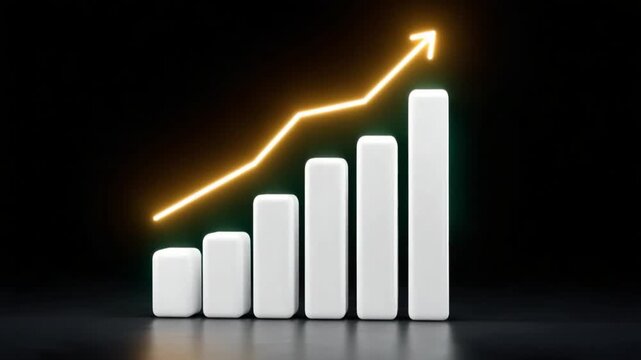 Ascending Graph of Success: A radiant golden arrow elegantly climbs above a series of ascending bar graphs, signifying continuous growth and prosperity in a captivating setting.