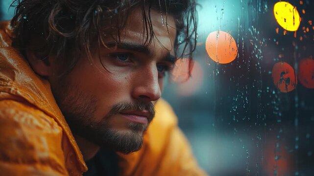 Contemplation in the Rain: A man looks pensively out of a rain-streaked window, his face illuminated by the soft glow of city lights and a sense of introspective reflection.