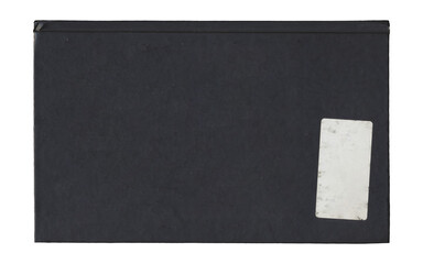 Fototapeta premium Black book cover back view with blank sticker label isolated on transparent background