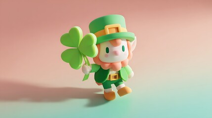 Fototapeta premium A charming 3d rendering of a leprechaun with a four leaf clover
