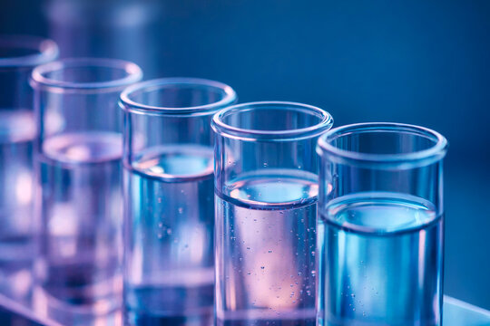 Glass laboratory test tubes with transparent liquid under cool blue light. Clean clinical precision, modern research mood, minimal scientific still life with copy space. Medical and laboratory concept