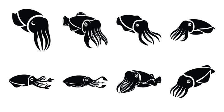 Set of silhouette cuttlefish in various poses isolated on background. Animal Vector elements for design.