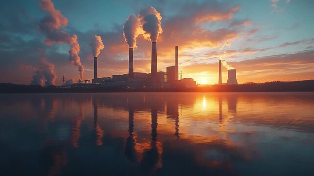 Industry and Nature: An industrial power plant at dusk, exhaling plumes of smoke into the sky, against a fiery sunset reflection on the water.
