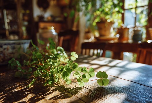 Sunlit indoor scene with plants a wooden table and dappled light