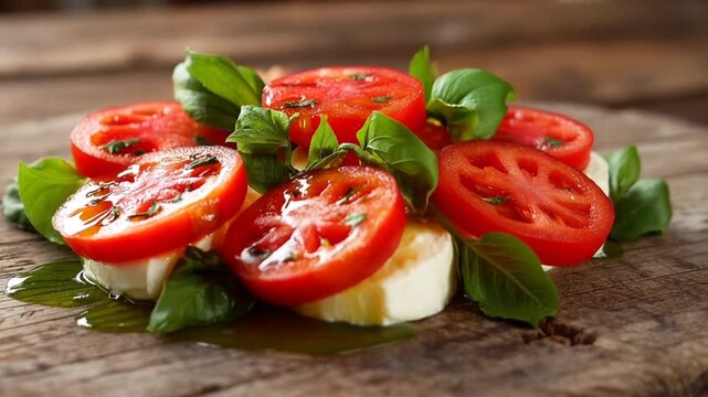 Fresh Caprese Salad with Tomatoes, Mozzarella, and Basil on a Wooden Table
