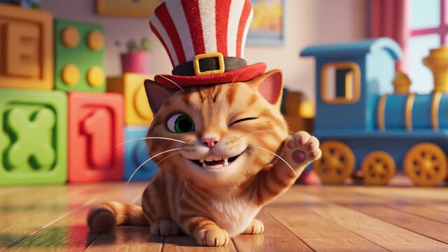 3D cartoon animation of a cute orange cat wearing a striped hat looking, winking, and smiling happily with toys