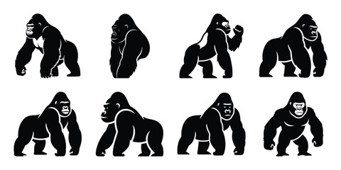 Set of silhouette gorilla in various poses isolated on background. Animal Vector elements for design. © ganesh106