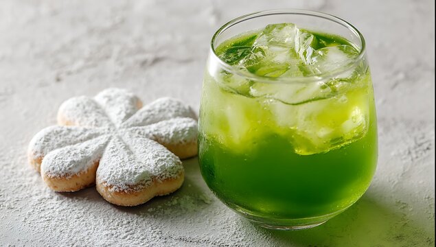 Refreshing green drink with ice and powdered sugar cookies on a textured surface