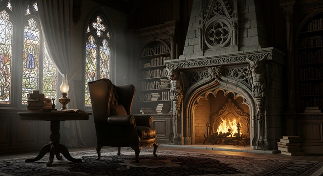 Cozy gothic library with fireplace and stained glass