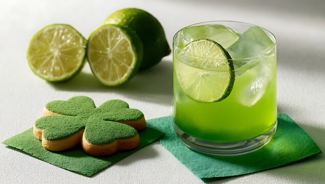A refreshing lime drink with shamrock cookies for st patrick s day