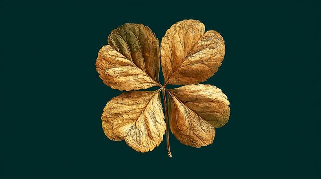 A golden four leaf clover against a dark teal background symbolizing good fortune