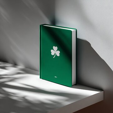 A dark green book with a white clover design rests on a shelf