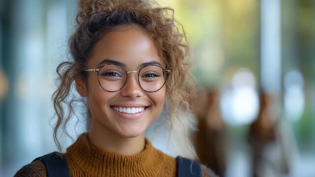 Radiant Smile: A portrait of a young, stylish individual, radiating joy and positivity with a captivating, genuine smile, complemented by elegant eyewear. 
