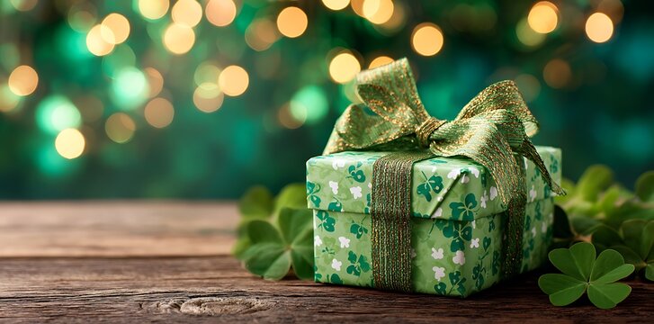 A festive green gift box with a ribbon set against a blurry backdrop