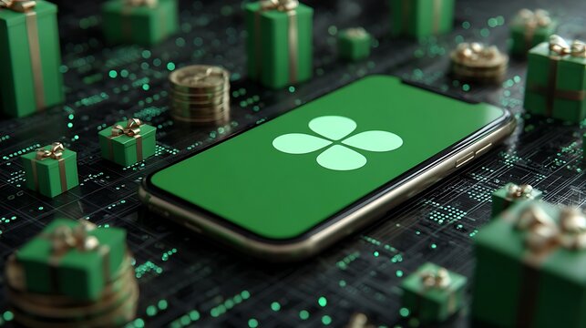 A smartphone displaying a clover symbol surrounded by festive green gift boxes