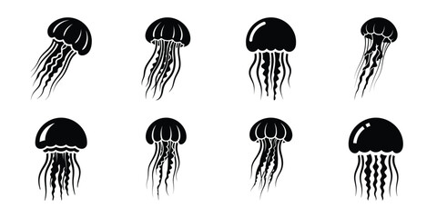 Set of silhouette jellyfish in various poses isolated on background. Animal Vector elements for design. © ganesh106