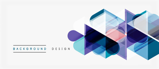 Abstract geometric shapes overlap, creating modern design. Blue, purple hues dominate white background. Minimalist aesthetic.