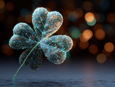 a shiny four leaf clover with sparkles on a dark background