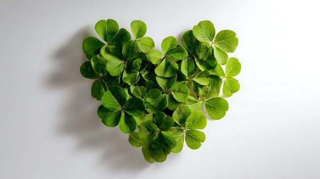 A heart shape creatively formed from vibrant green plant leaves on a white surface