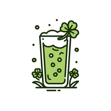 A stylized illustration of a green drink with a clover and bubbles