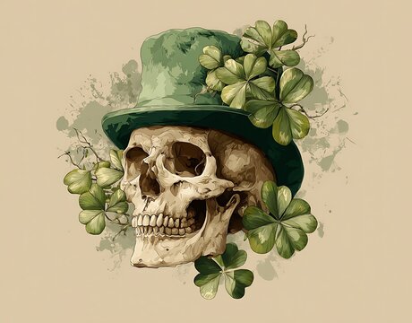 A skull adorned with a green hat and clovers a striking visual design