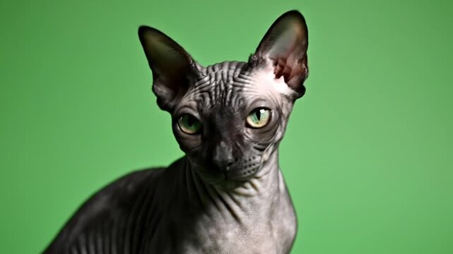 Hairless cat with wrinkled skin posing in studio with green background