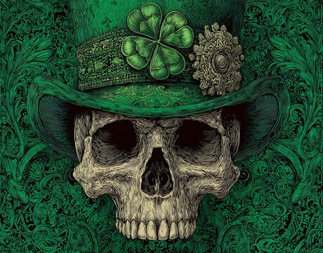 A skull wearing a green hat with a four leaf clover design