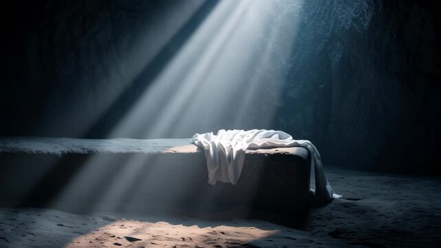 Empty tomb of Jesus Christ bathed in heavenly light, the shroud of Turin on a stone slab inside a resurrection cave. Easter concept.