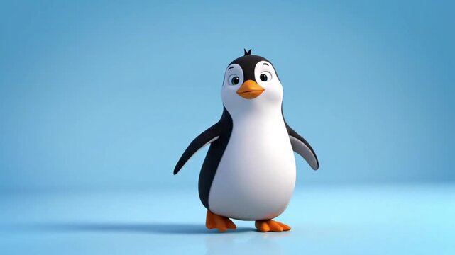 A cartoon penguin stands on a blue surface with a friendly expression, viewed from the front in a simple 3D rendered scene.