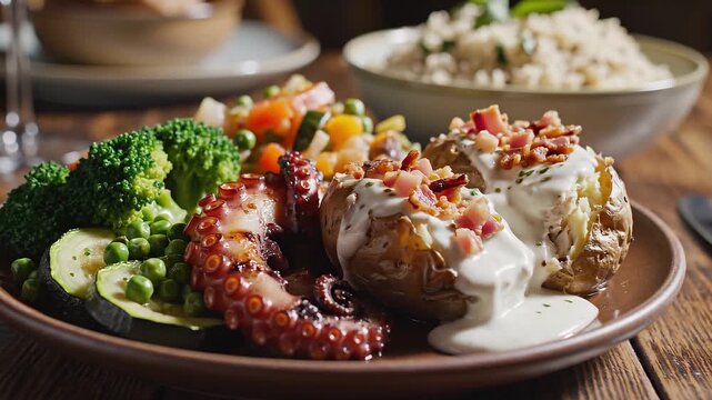 A gourmet plate features a baked potato topped with bacon, octopus and vegetable medley, broccoli, zucchini, peas, accompanied by a bowl of couscous on a wooden table 