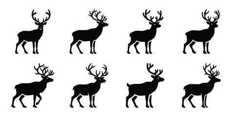 Fototapeta premium Set of silhouette reindeer in various poses isolated on background. Animal Vector elements for design.