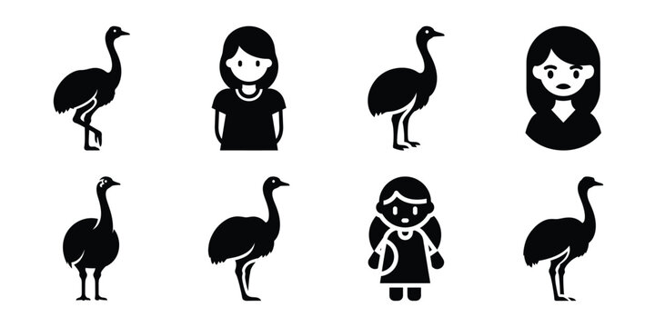 Set of silhouette rhea in various poses isolated on background. Animal Vector elements for design.
