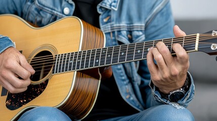 Fototapeta premium Close up of Hands Playing Acoustic Guitar Outdoors