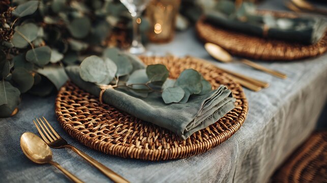 Elegant table setting with woven placemats silverware and eucalyptus foliage