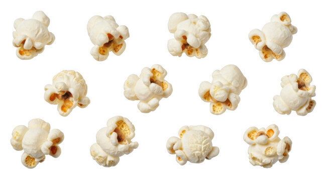 Various fluffy white popcorn kernels scattered across isolated on transparent background png