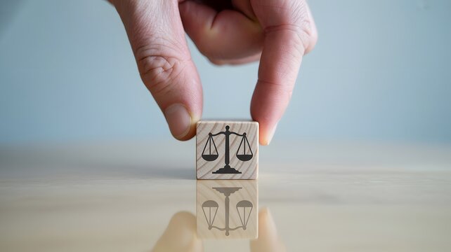 Justice and Legal Balance Concept with Wooden Block Scales Symbol on Reflective Surface