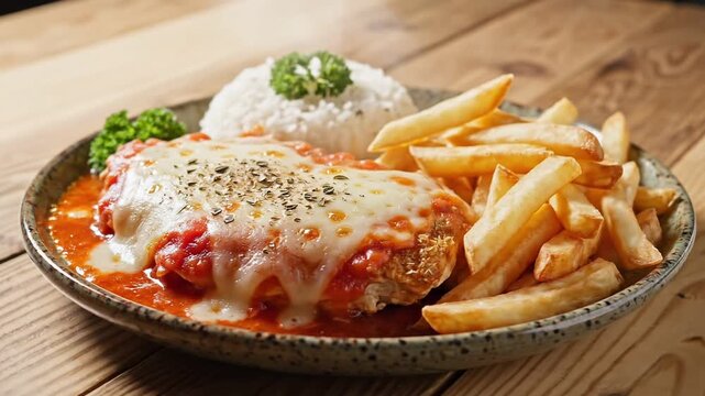 Delicious Chicken Parmesan served with Rice and Fries. A flavorful, appetizing meal.