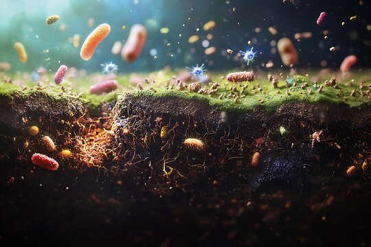 Detailed scientific illustration of microorganisms in action within soil, focusing on the decomposition of organic material.
