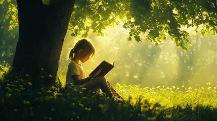 Little Girl reading Book under Big Tree in Enchanting Dappled Sunlight