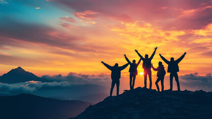 Silhouette of Group of Friends celebrating on Mountain Peak at Sunset