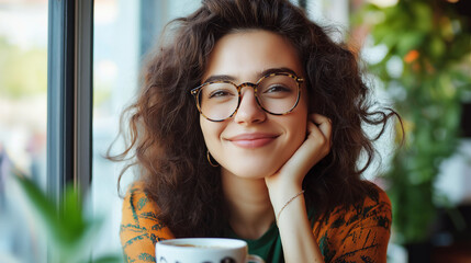 Cheerful Young Woman with Eyeglasses smiling with Cup of Coffee at Cafe