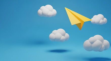 青空の背景に浮かぶ黄色い紙飛行機と白い雲