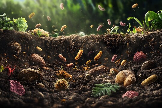 Detailed scientific illustration of microorganisms in action within soil, focusing on the decomposition of organic material.