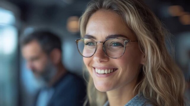 Radiant Smile: A portrait captures the genuine happiness of a young woman, her eyes sparkling with joy as she wears eyeglasses. 