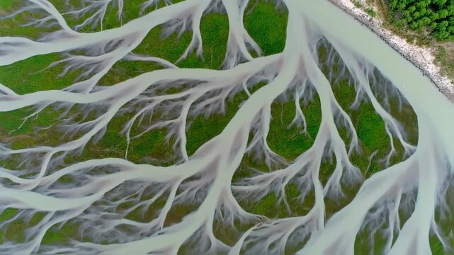 Aerial View of a Braided River System in a Lush Green Landscape.