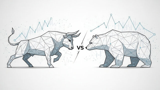 Polygonal bull and bear market conflict with financial graph trends in background