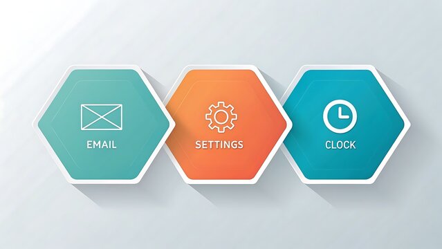 Modern business infographic icons with email, settings, and clock symbols on hexagonal design background